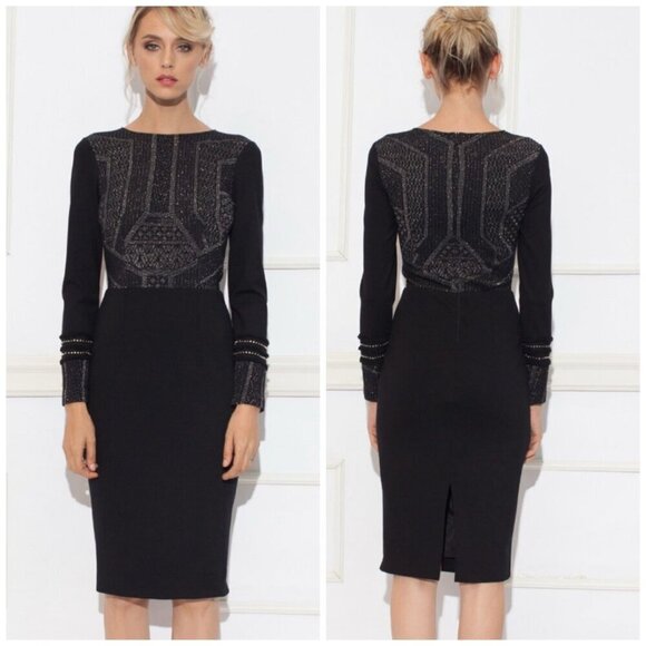 Nissa Dresses & Skirts - Nissa Dress Women 10 Black Knit Metallic Insert Long Sleeve Knee Length Sheath